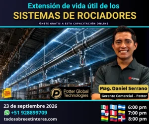 Capacitación virtual gratuita vía Zoom titulada Extensión de vida útil de los sistemas de rociadores que se realizará en la plataforma https://todosobreextintores.com