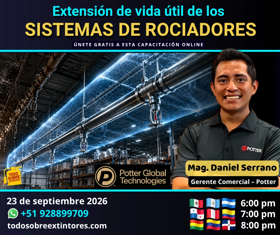 Capacitación virtual gratuita vía Zoom titulada Extensión de vida útil de los sistemas de rociadores que se realizará en la plataforma https://todosobreextintores.com