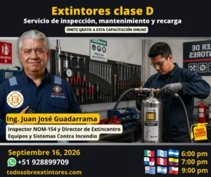 Capacitación virtual vía Zoom titulada Servicio de inspección, mantenimiento y recarga de extintores clase D que se realizará en la plataforma https://todosobreextintores.com
