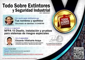 Certificado de la capacitación NFPA 15 Diseño, instalación y pruebas para sistemas de riesgos especiales