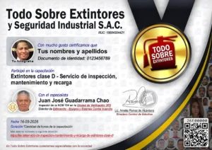 Certificado de la capacitación Servicio de inspección, mantenimiento y recarga de extintores clase D