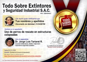 Certificado de la capacitación Uso de perros de rescate en estructuras colapsadas