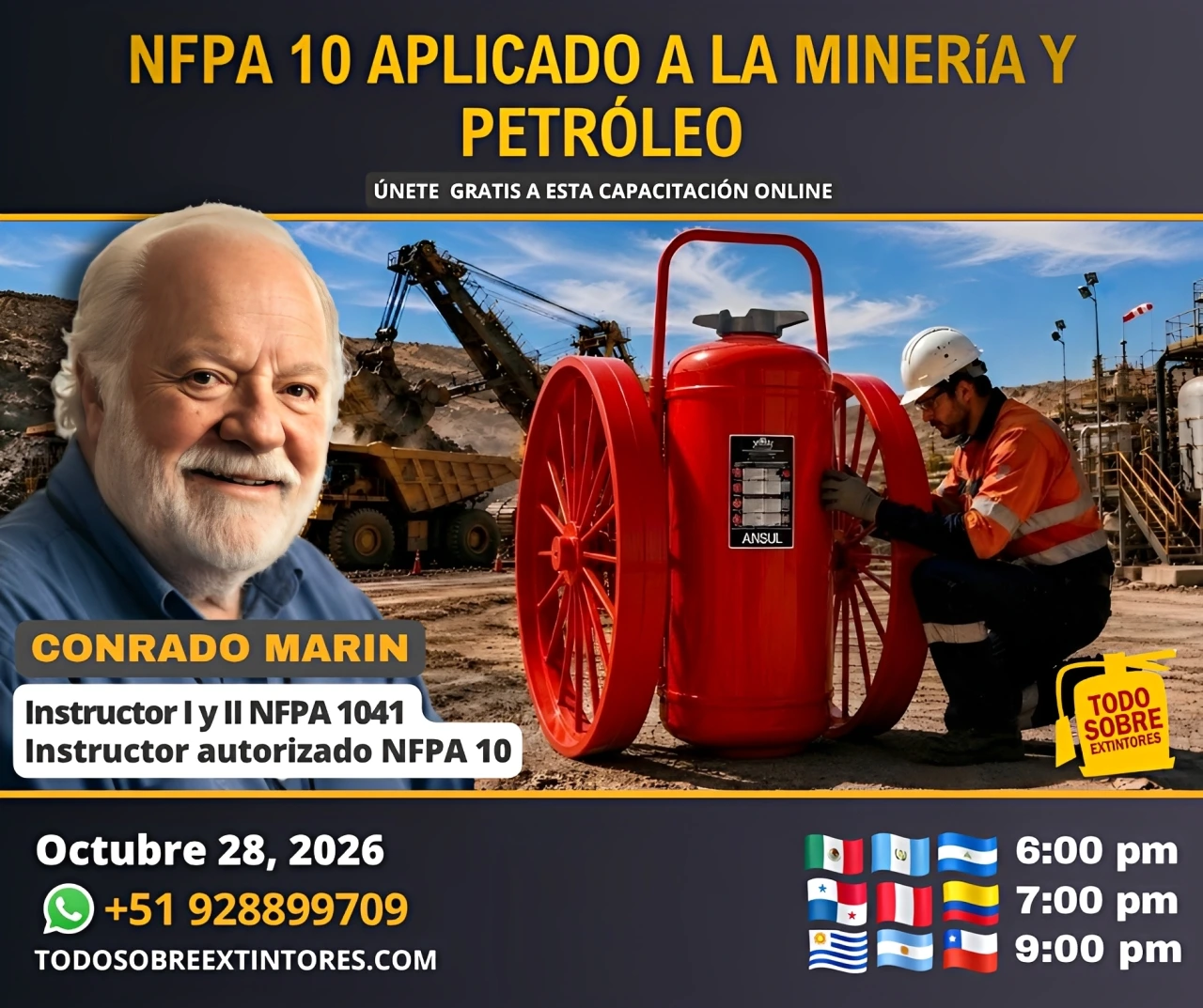 Capacitación gratuita vía Zoom titulada NFPA 10 Aplicado a la minería y petróleo que se realizará en la plataforma https://todosobreextintores.com