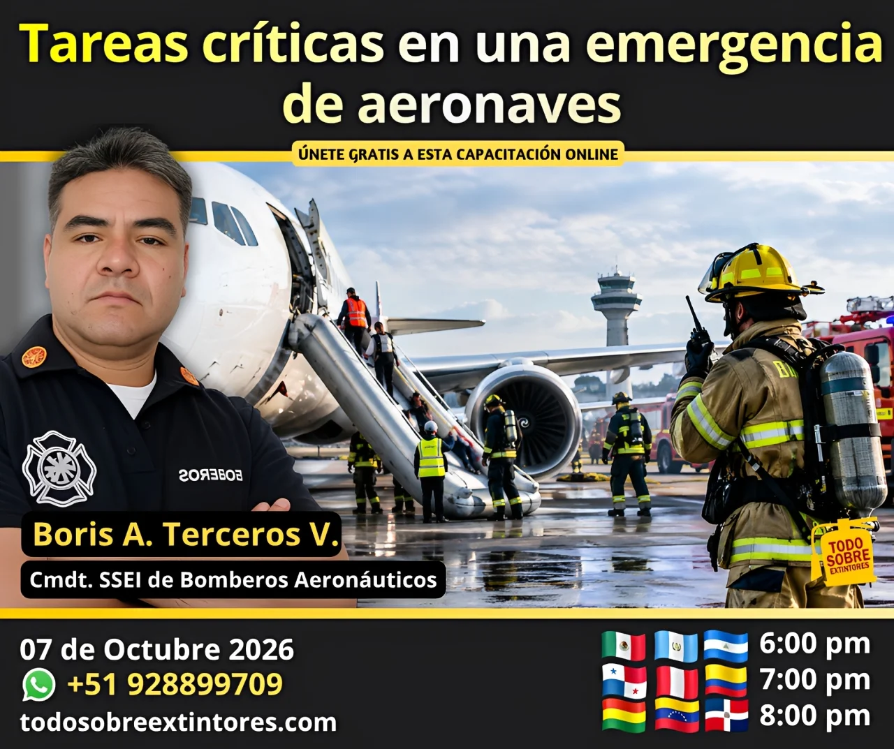 Capacitación virtual gratuita vía Zoom titulada: Tareas críticas en una emergencia de aeronaves que se realizará en la plataforma https://todosobreextintores.com