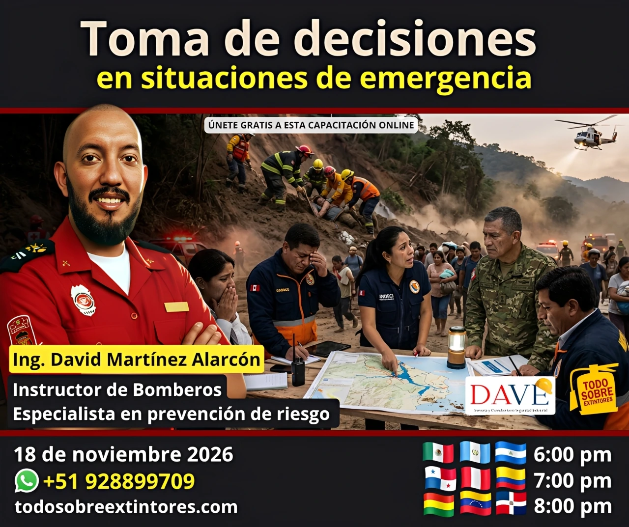 Capacitación virtual gratuita vía zoom titulada Toma de decisiones en situaciones de emergencia que se realizará en la plataforma https://todosobreextintores.com