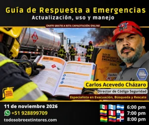 Capacitación virtual gratuita vía Zoom titulada Uso y manejo de la Guía de Respuesta a Emergencias, Actualización GRE ed 2024 que se realizará en la plataforma https://todosobreextintores.com