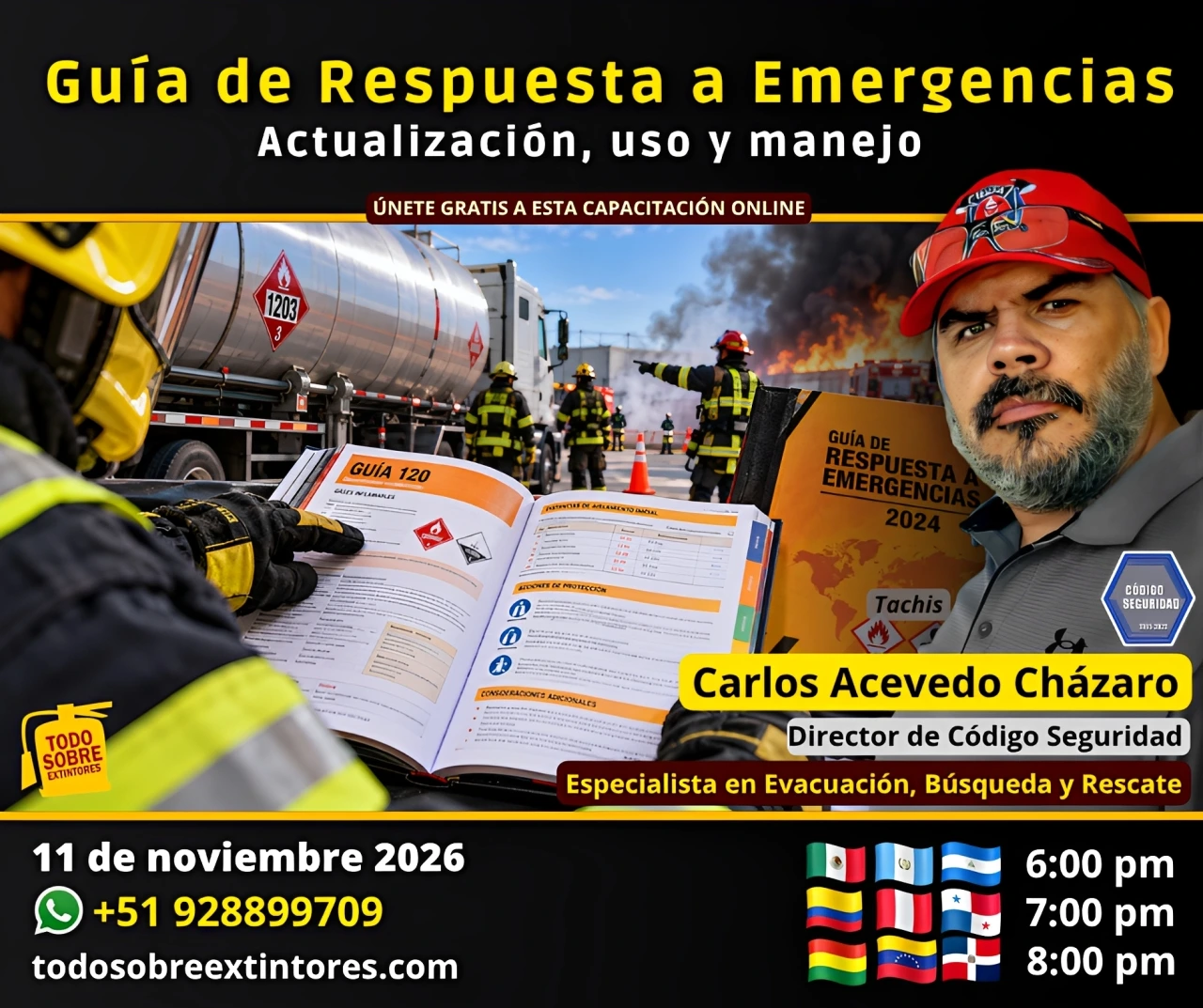 Capacitación virtual gratuita vía Zoom titulada Uso y manejo de la Guía de Respuesta a Emergencias, Actualización GRE ed 2024 que se realizará en la plataforma https://todosobreextintores.com