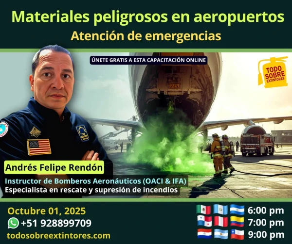 Capacitación virtual gratuita vía Zoom titulada Atención de emergencias con materiales peligrosos en aeropuerto que se realizará el miércoles 01 de octubre en la plataforma de https://todosobreextintores.com