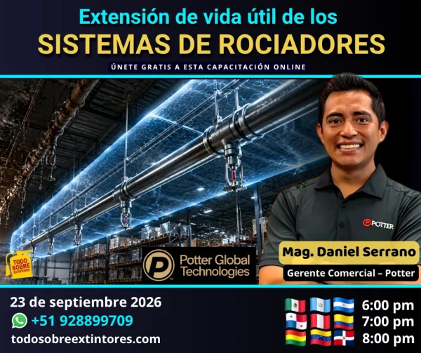 Capacitación virtual gratuita vía Zoom titulada Extensión de vida útil de los sistemas de rociadores que se realizará en la plataforma https://todosobreextintores.com