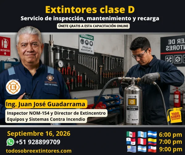 Capacitación virtual vía Zoom titulada Servicio de inspección, mantenimiento y recarga de extintores clase D que se realizará en la plataforma https://todosobreextintores.com