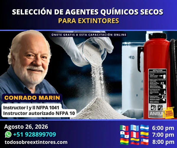 Capacitación virtual gratuita vía Zoom titulada Selección de agentes químicos secos para extintores que se realizará en la plataforma https://todosobreextintores.com