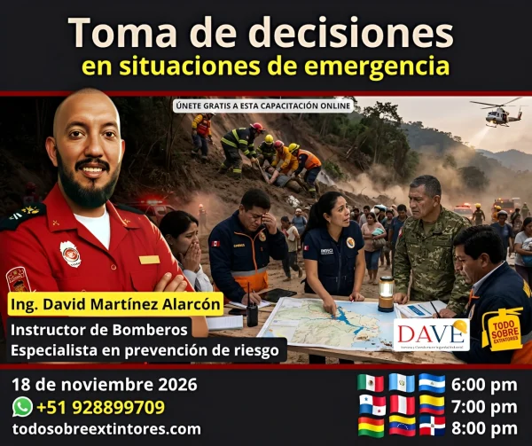 Capacitación virtual gratuita vía zoom titulada Toma de decisiones en situaciones de emergencia que se realizará en la plataforma https://todosobreextintores.com