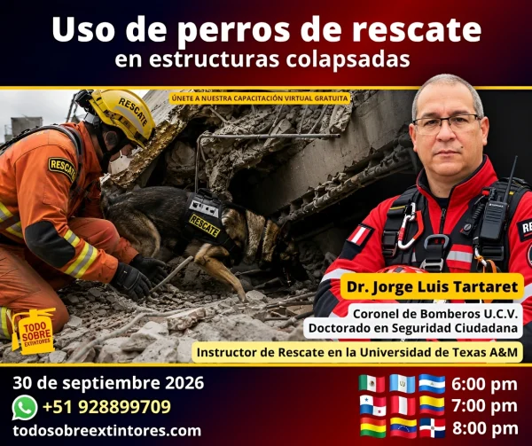 Capacitación virtual gratuita vía Zoom titulada Uso de perros de rescate en estructuras colapsadas que se realizará en la plataforma https://todosobreextintores.com
